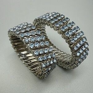 Vintage Expansion Bracelet Lot of 2 Blue Rhinestone MCM Accordion Glam Fancy